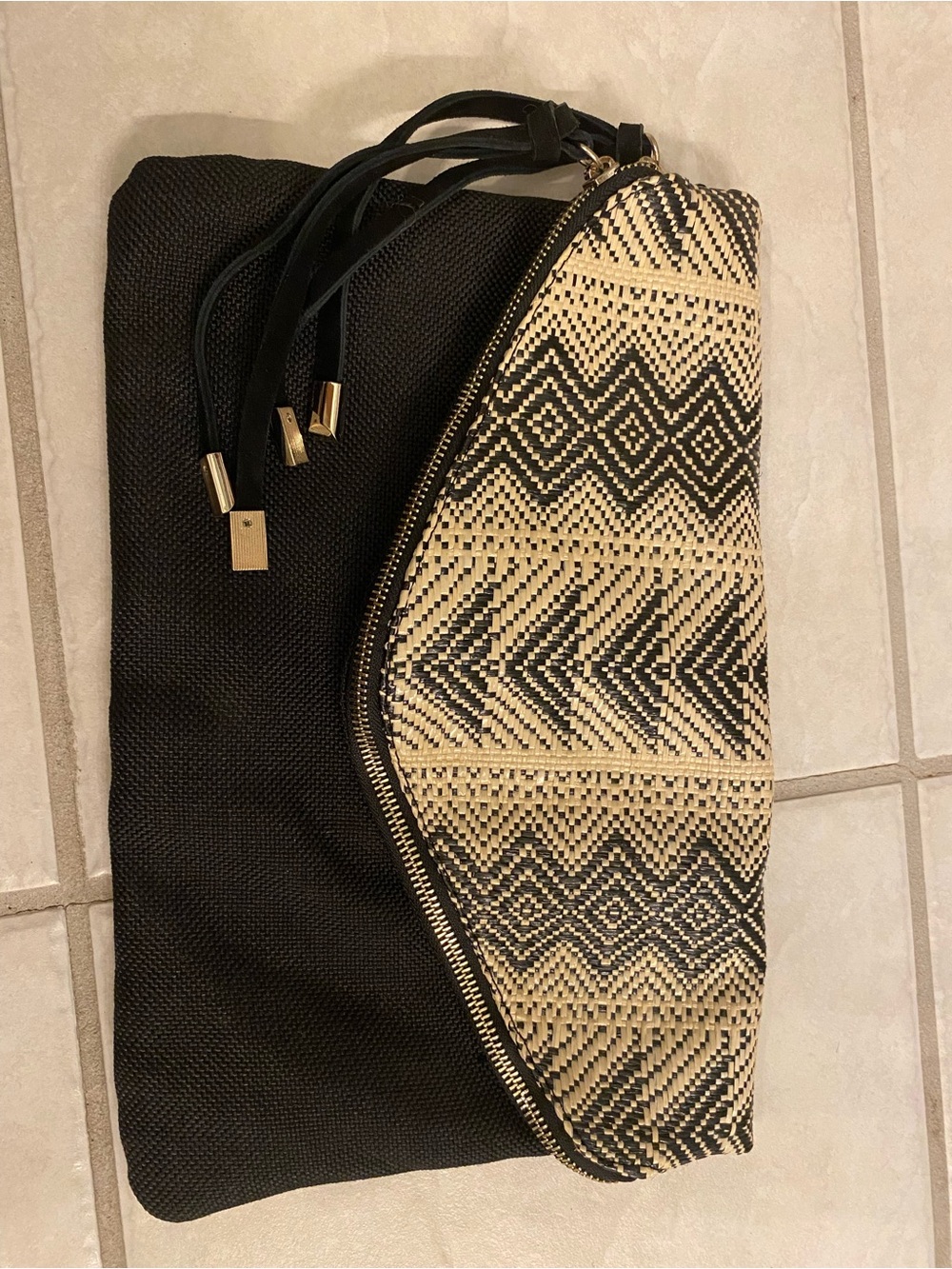 Express Black & Natural Woven Fold-Over Clutch